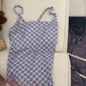 Blue and White Daisy Print Spaghetti Strap Bathing Suit Top